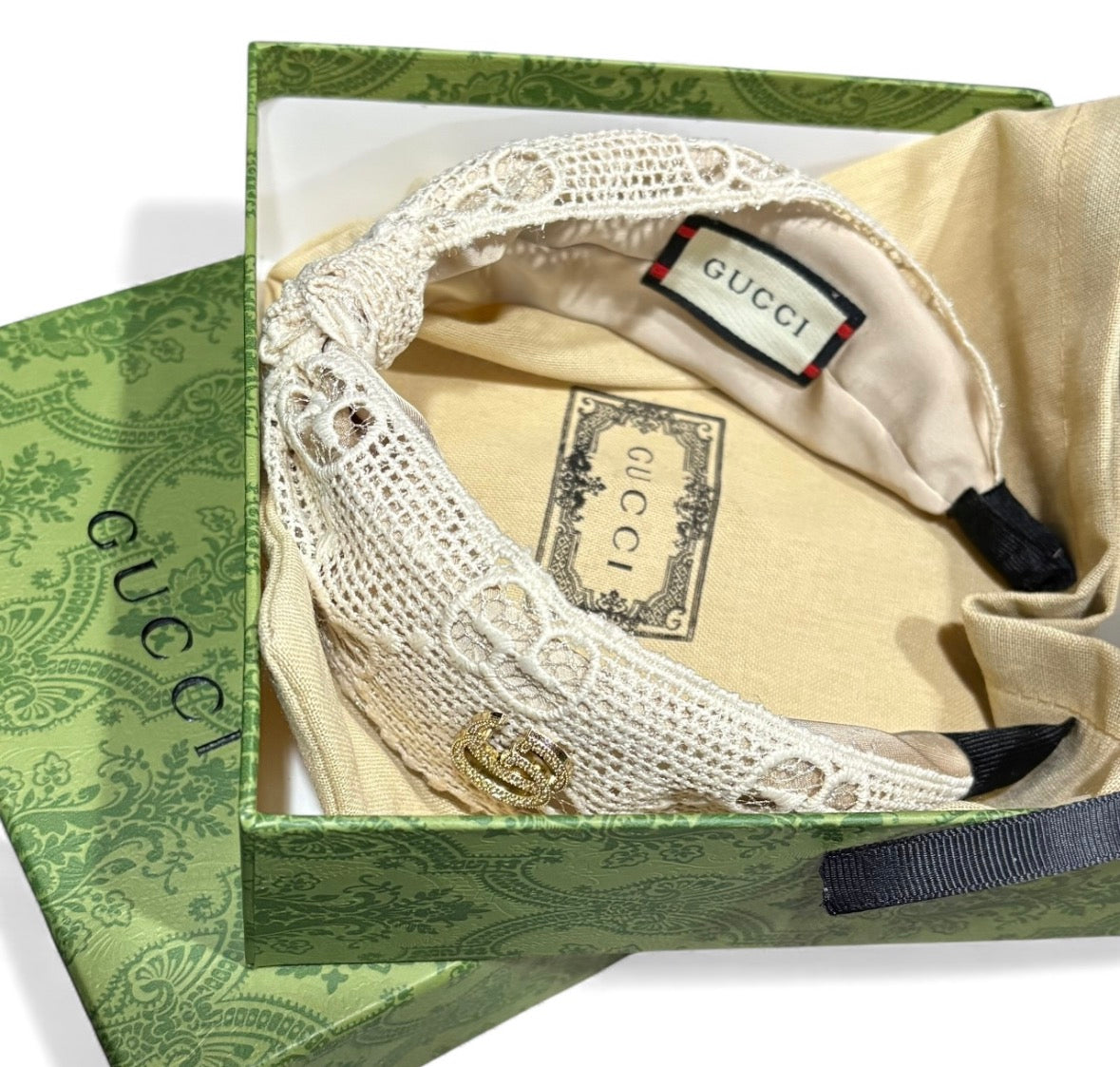 White Gold Logo Wide Lace Headband | Beaute