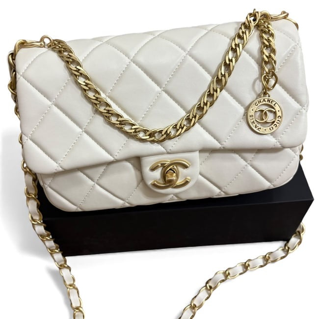 White Quilted Mini Flap Medallion Bag w/ Box | VIP/GWP