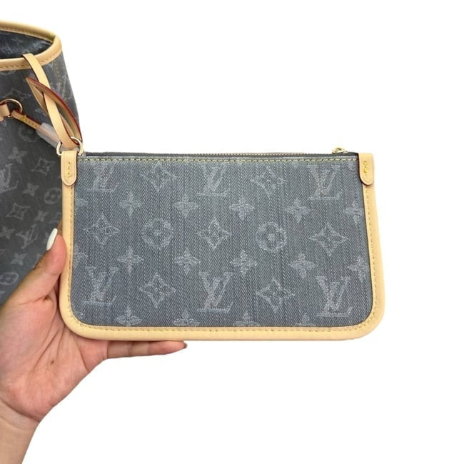 Denim Monogram Gold Neverfull MM Bag, Pouch Tote | VIP/GWP