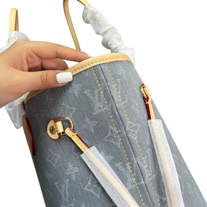 Denim Monogram Gold Neverfull MM Bag, Pouch Tote | VIP/GWP
